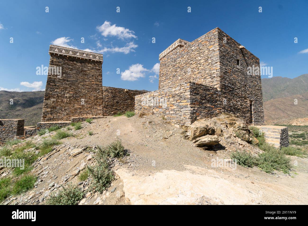 Al-Bahah, Saudi Arabia: Exterior view of the Thee Ain ancient village, known as the marble village, near Jeddah in Saudi Arabia on a hot sunny day. Stock Photo