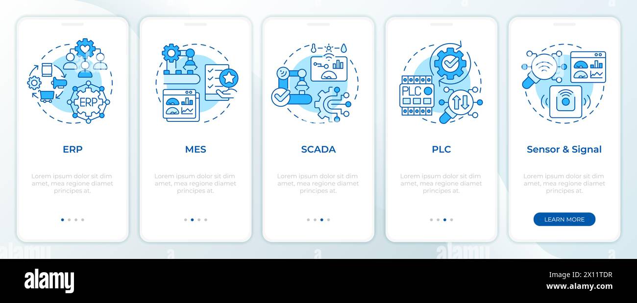 Factory organization systems blue onboarding mobile app screen Stock Vector