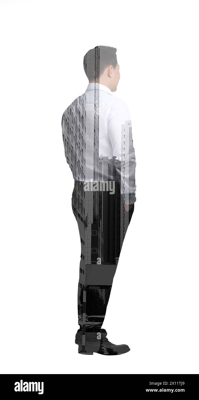 Double exposure of businessman and office buildings Stock Photo