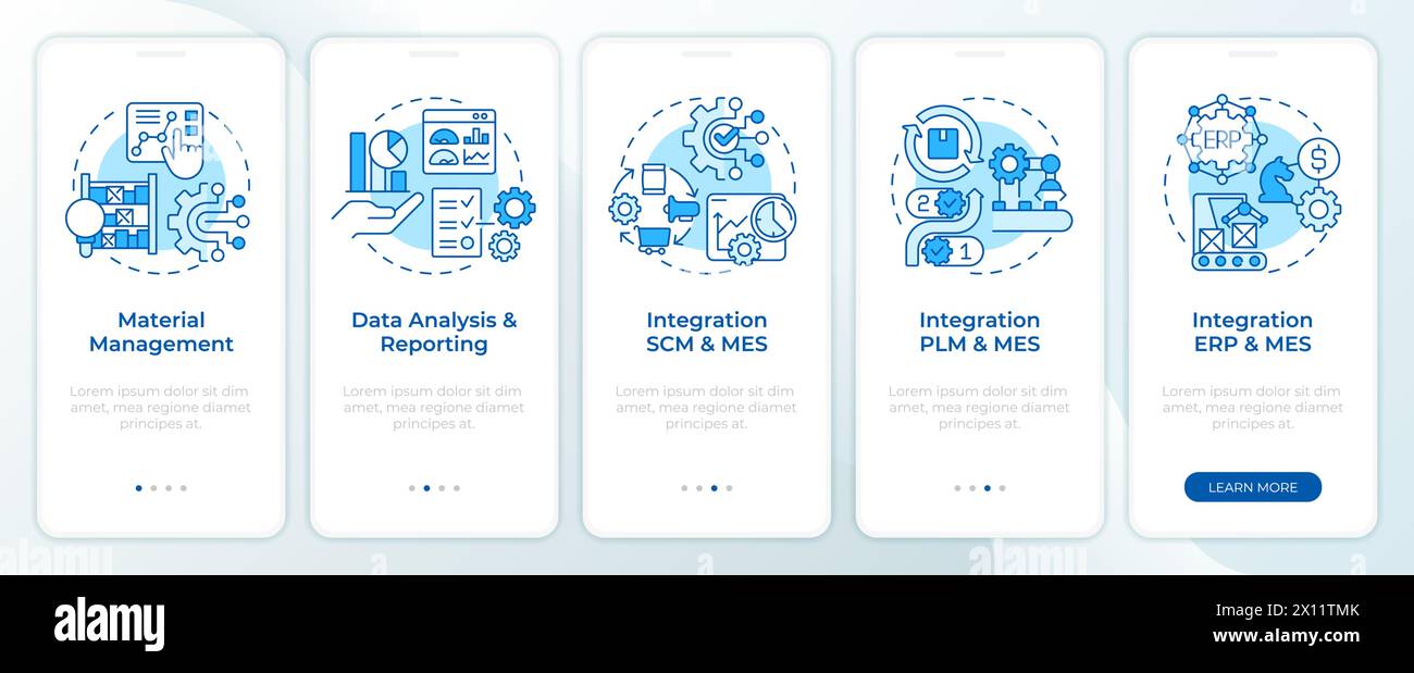 MES integration blue onboarding mobile app screen Stock Vector