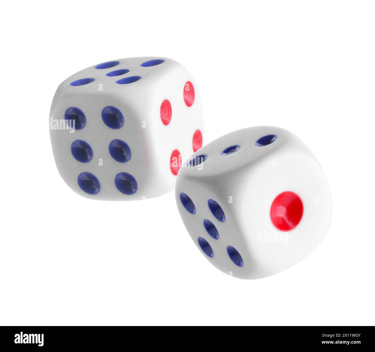 Two dice in air on white background Stock Photo