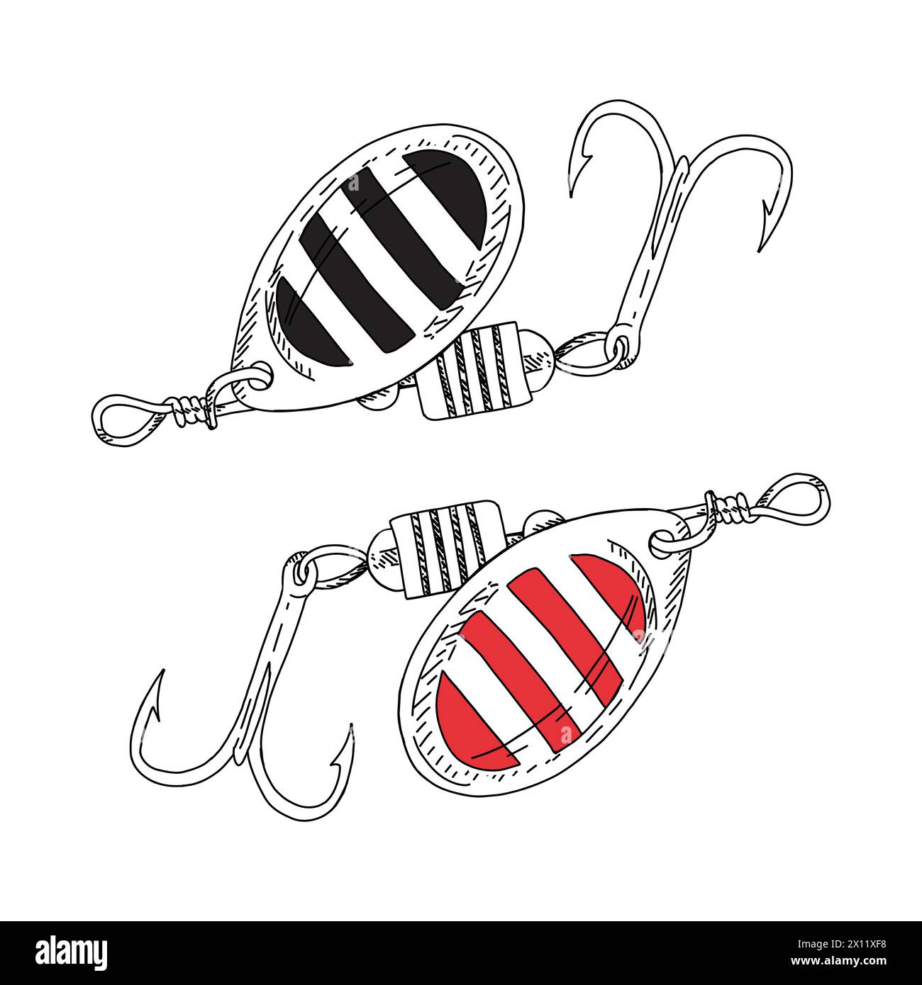 Fishing hook wobbler vector illustration tackle set. Metal fly gudgeon