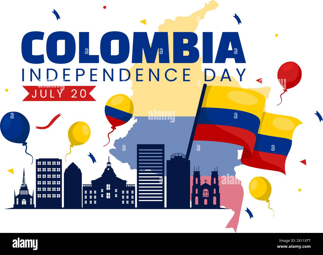 Happy Colombia Independence Day Vector Illustration on 20 July with Waving Flag and Ribbon in National Holiday Celebration Flat Cartoon Background Stock Vector