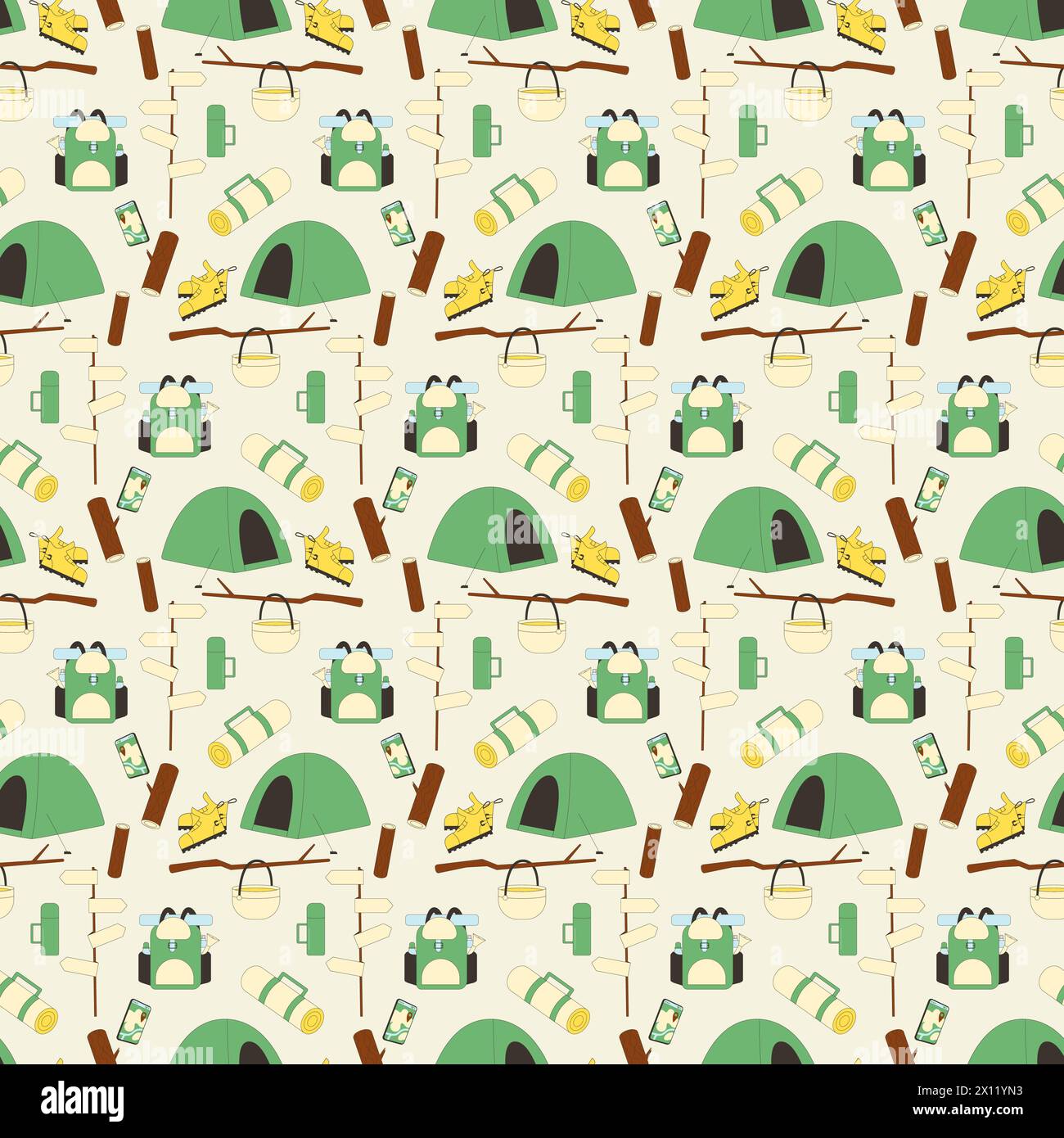Camping seamless pattern. Tourism endless background. Picnic equipment ...