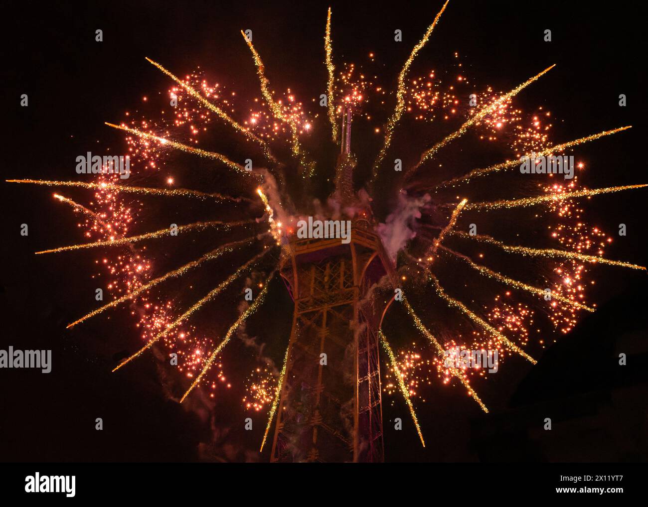 Fireworks at the top of the Eiffel tower Stock Photo