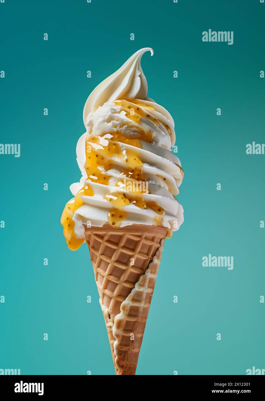 Two scoops of Vanilla ice cream on top ice cream cone blue background ...
