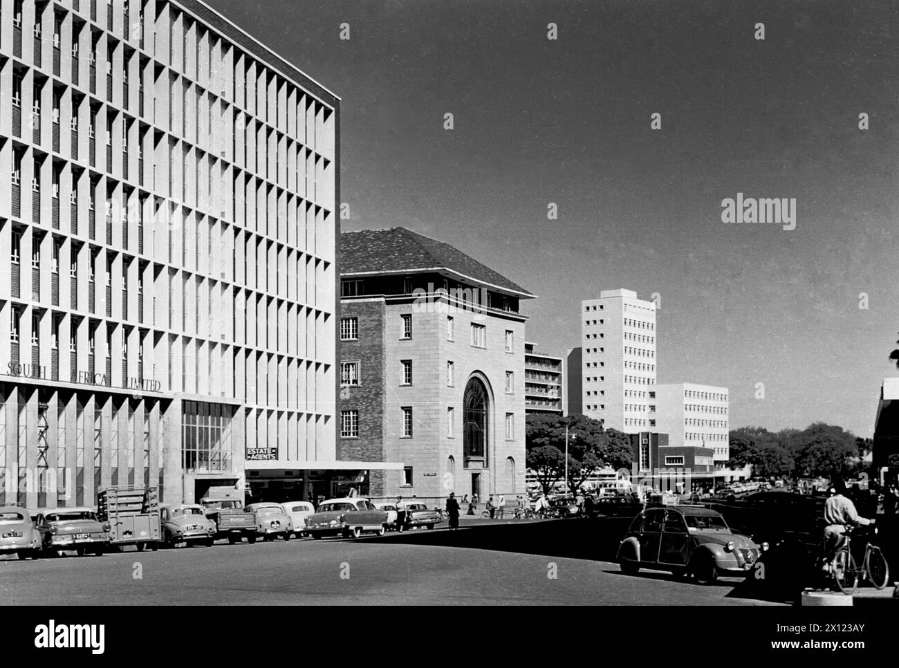 Modern Town Centre or City Centre in Salisbury Rhodesia, now Harare, Zimbabwe. Vintage or Historic Monochrome or Black and White Image c1960 Stock Photo