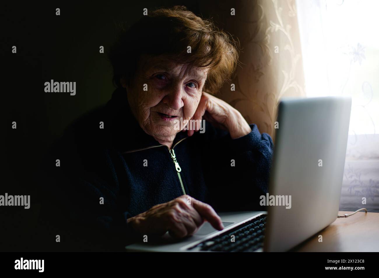 An aged woman engages with technology, her fingers tapping on a laptop keyboard. She bridges the gap between tradition and modernity, embracing the di Stock Photo