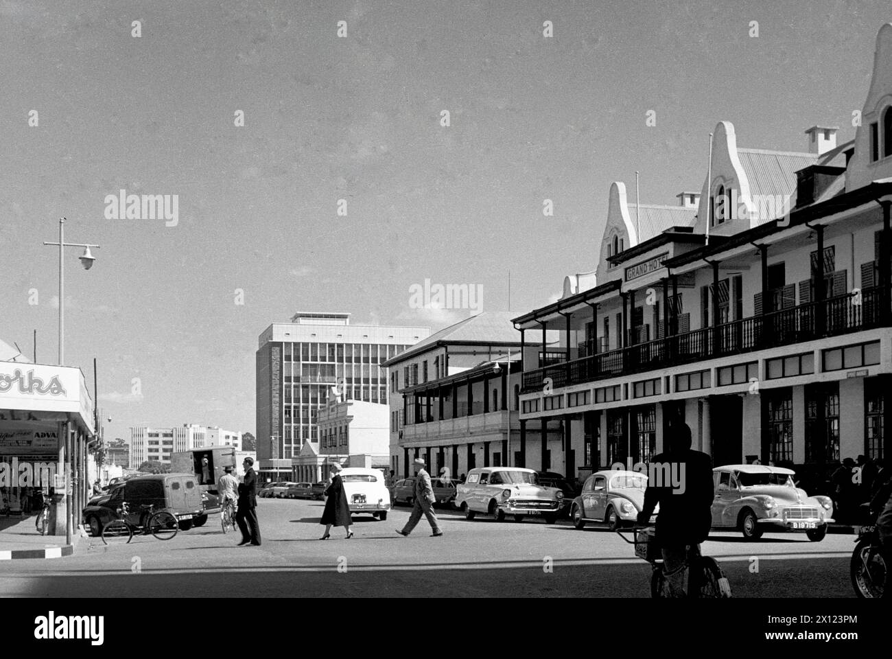 Grande Hotel on First Street Salisbury Rhodesia, now Harare Zimbabwe. The Colonial Era Building was Designed by James Cope-Christie and Thomas Sladden in 1914. Vintage or Historic Monochrome or Black and White Image c1960 Stock Photo