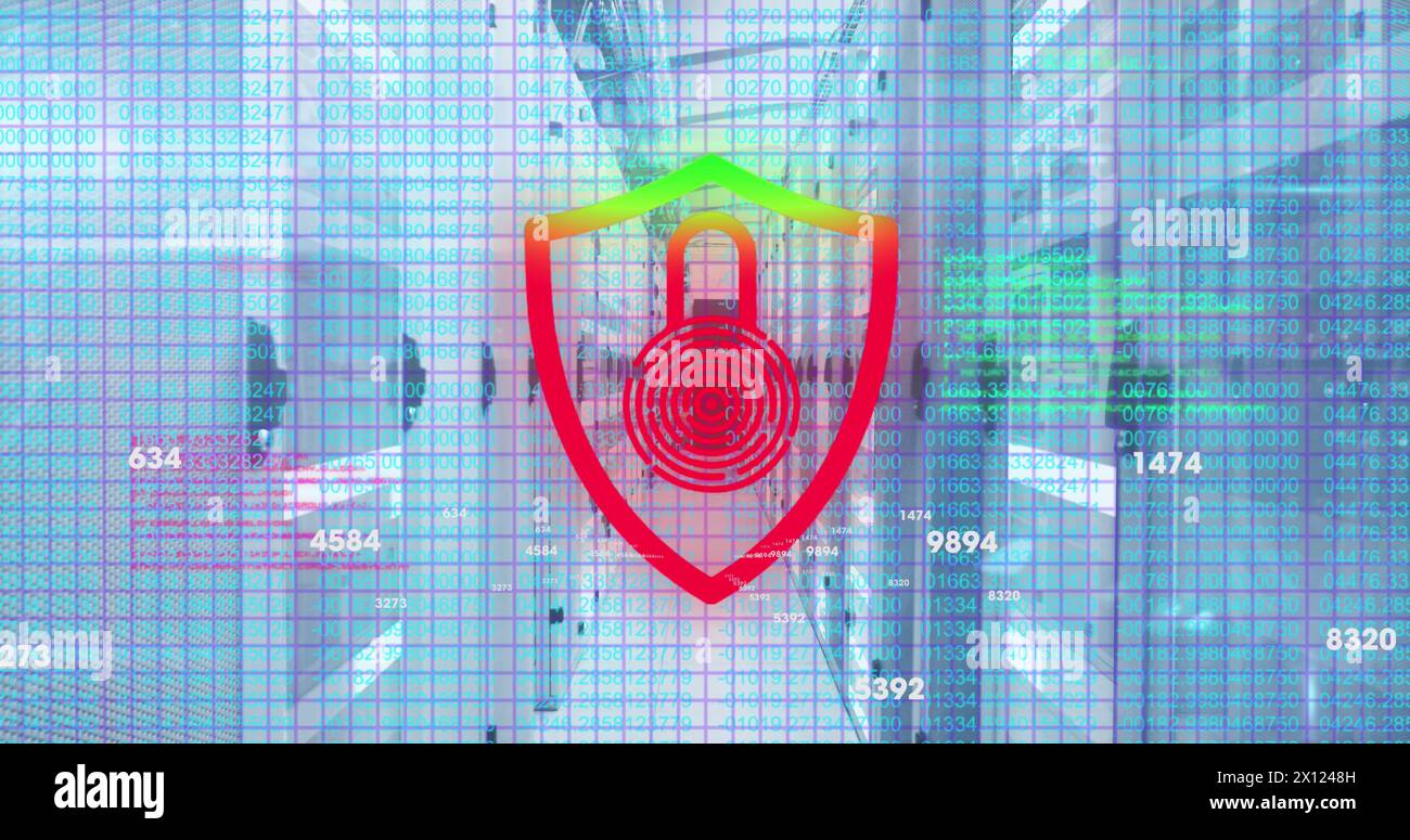 Image of security padlock icon and data processing against computer ...
