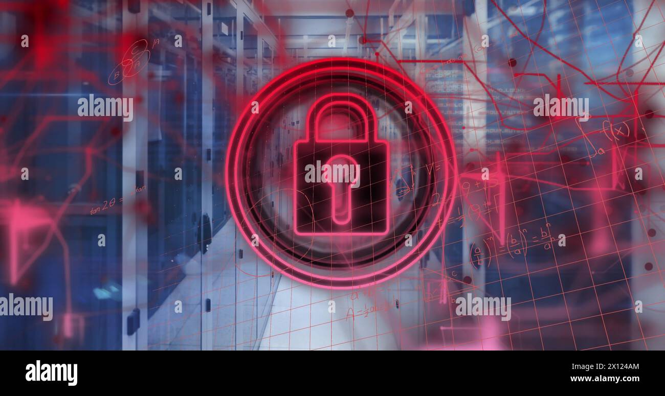 Image of security padlock icon and mathematical equations against ...