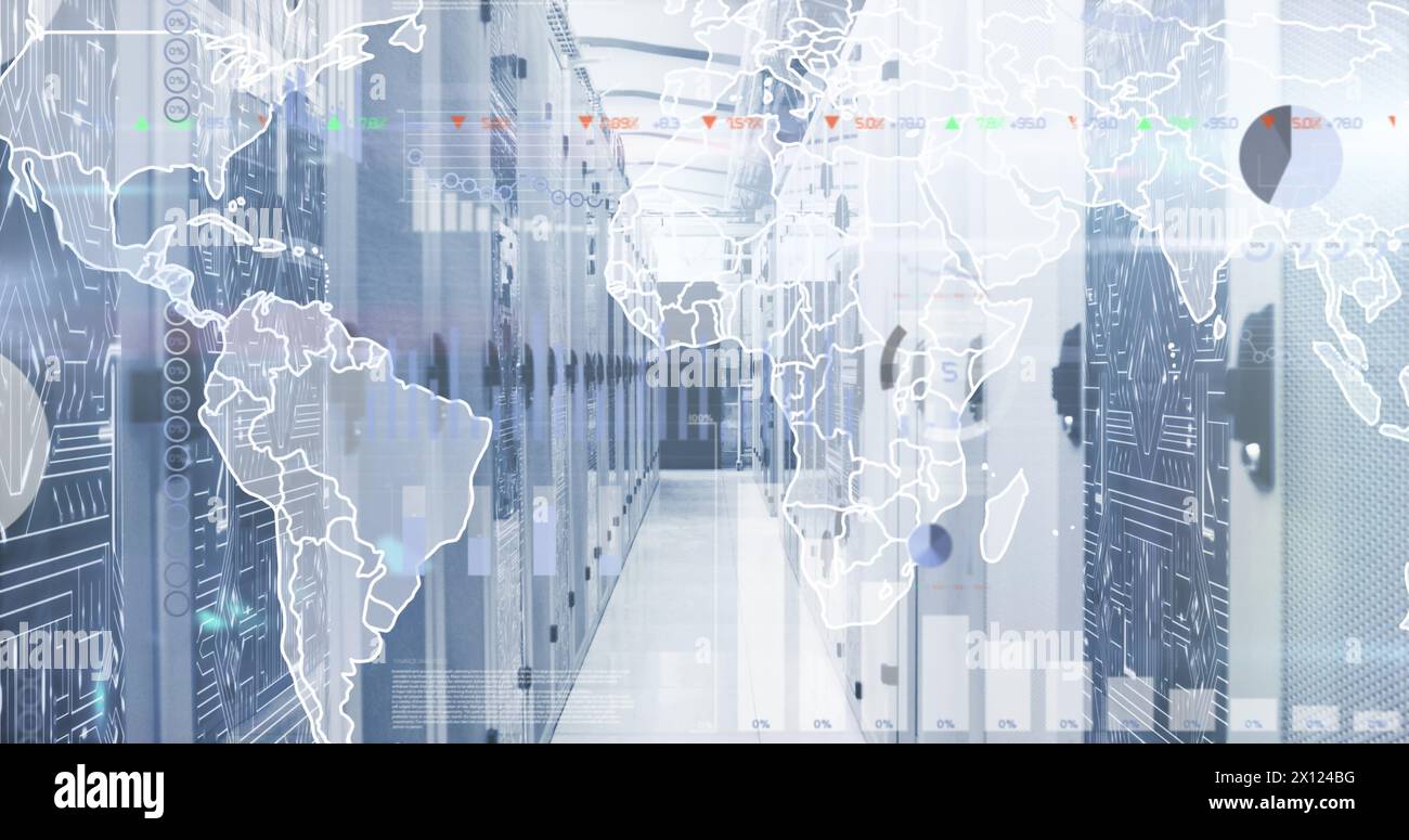 Image of world map with data processing over server room Stock Photo
