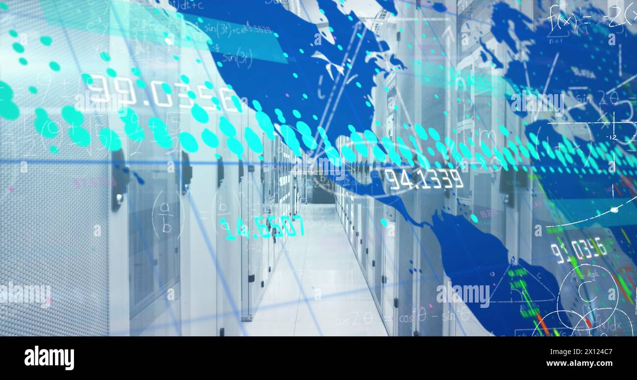 Image of mathematical equations and data processing over server room Stock Photo
