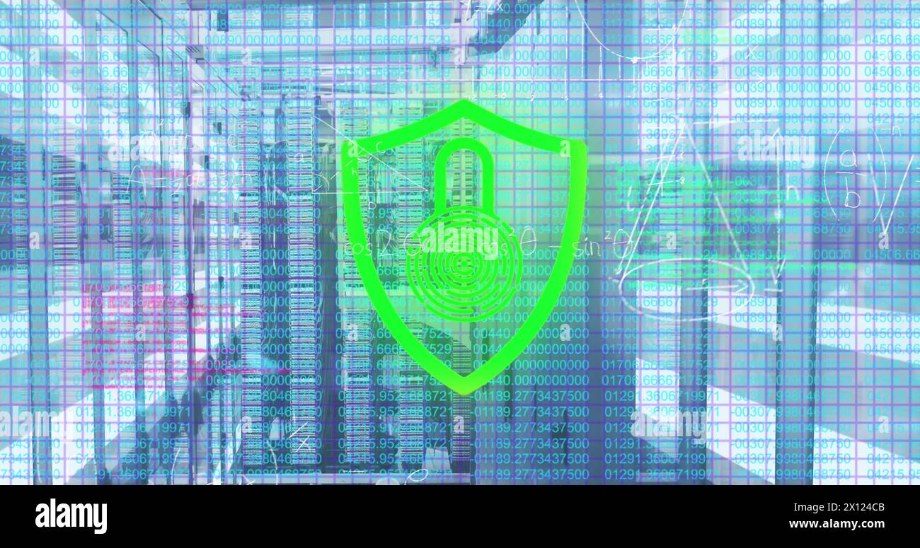 Image of security padlock icon and mathematical equations against ...