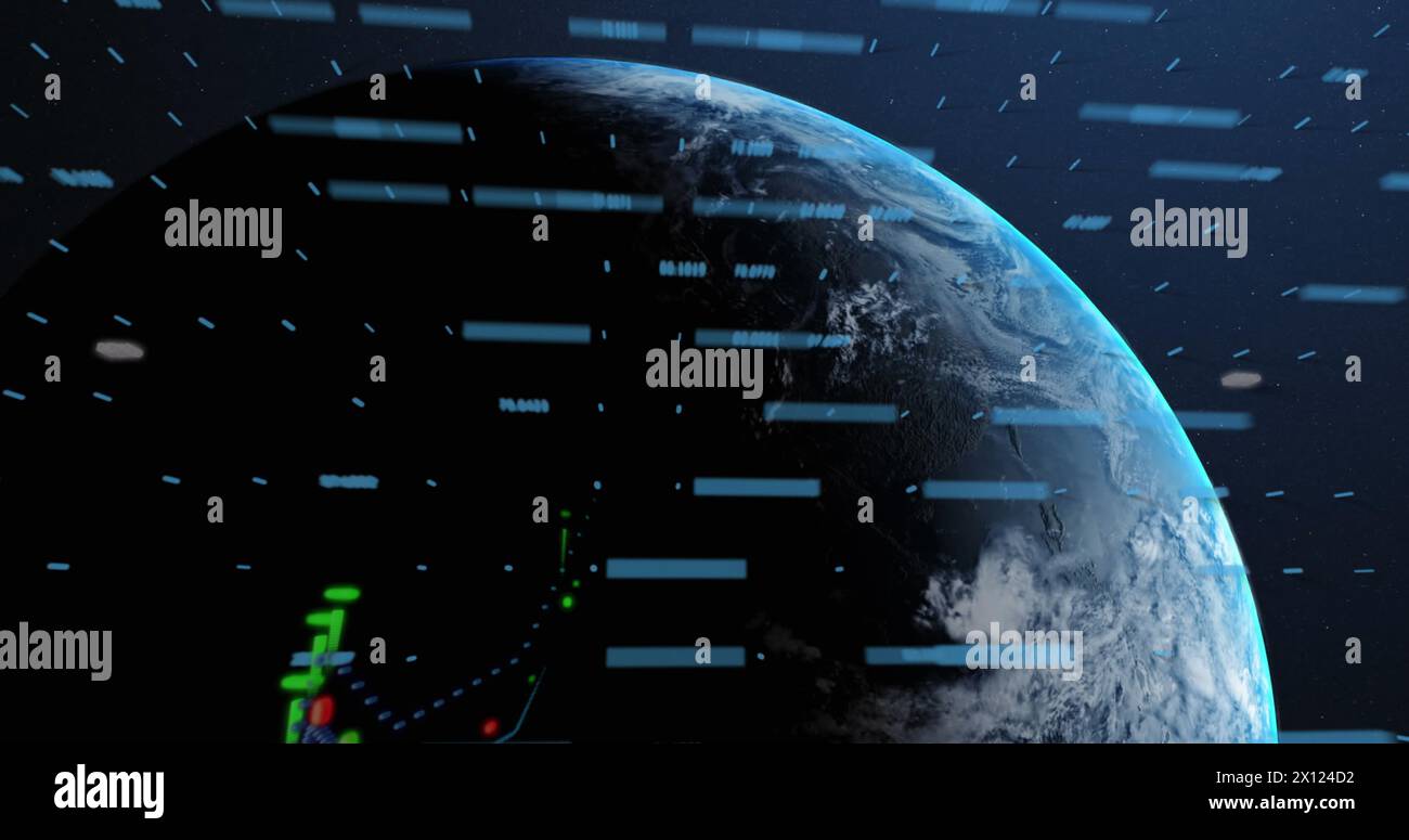 Image of statistics and data processing over earth globe on blue ...
