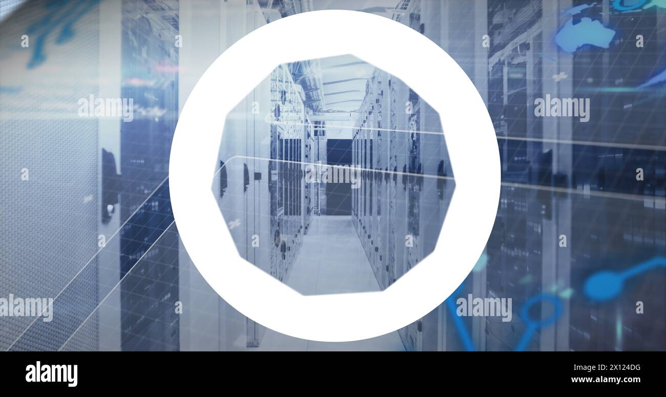 Image of circle with data processing over server room Stock Photo