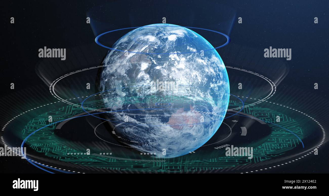 Image of data processing over earth globe on blue background Stock Photo