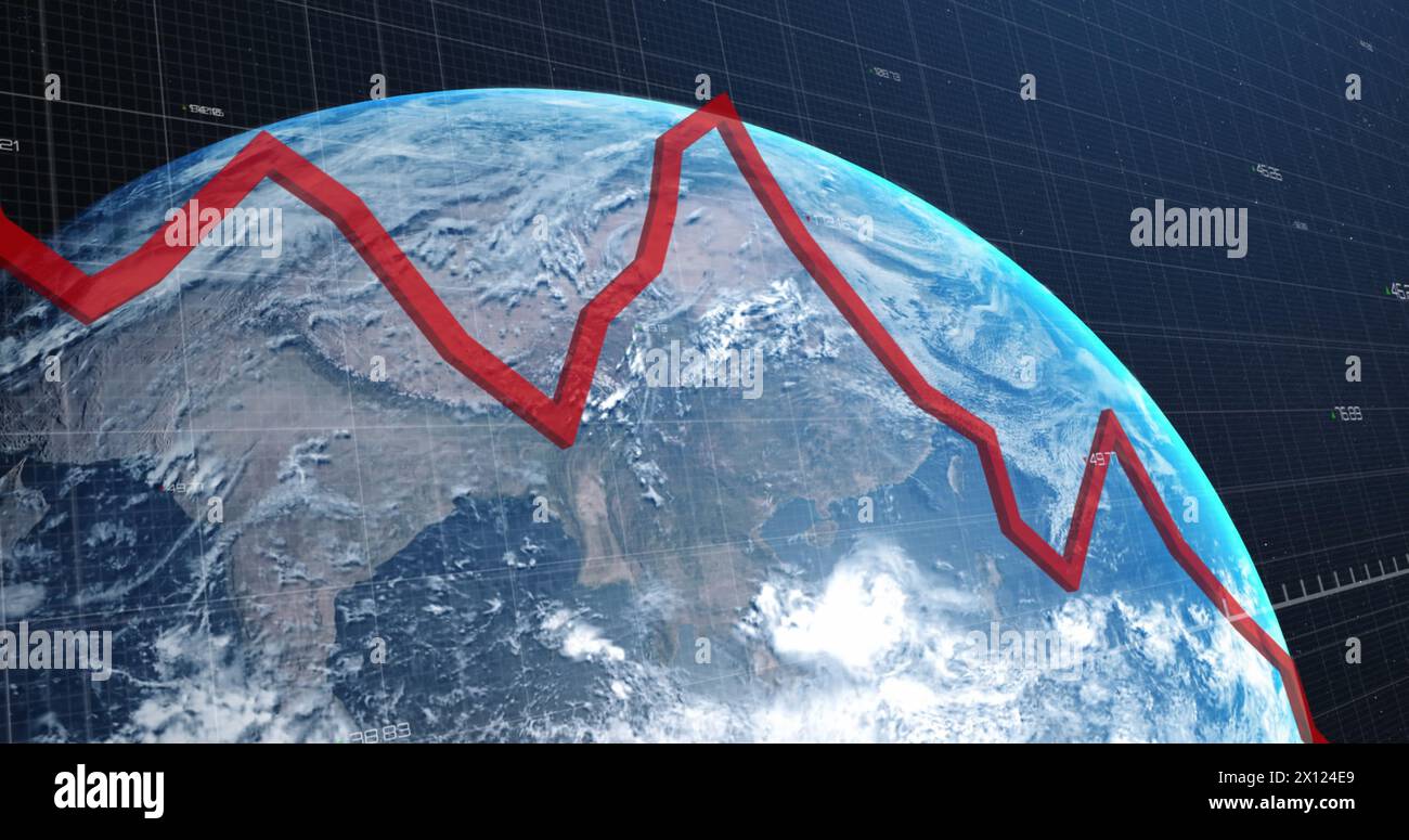Image of statistics with red line and data processing over earth globe on blue background Stock Photo