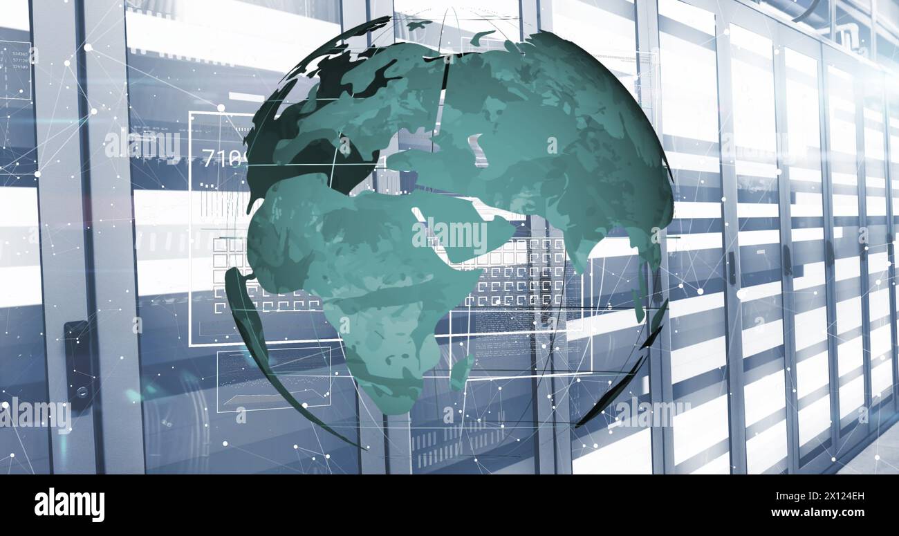 Image of globe with data processing over server room Stock Photo