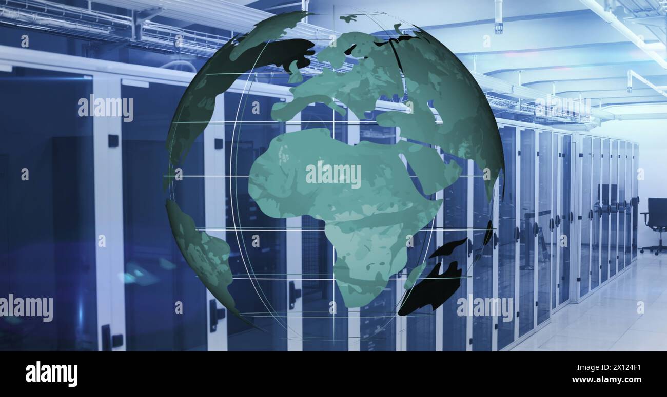 Image of globe with data processing over server room Stock Photo