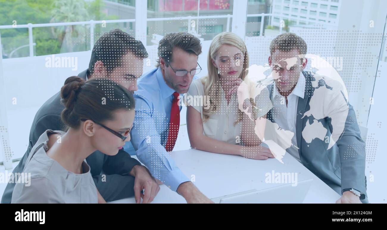 Image of spinning globe and world map over diverse businesspeople discussing together at office Stock Photo