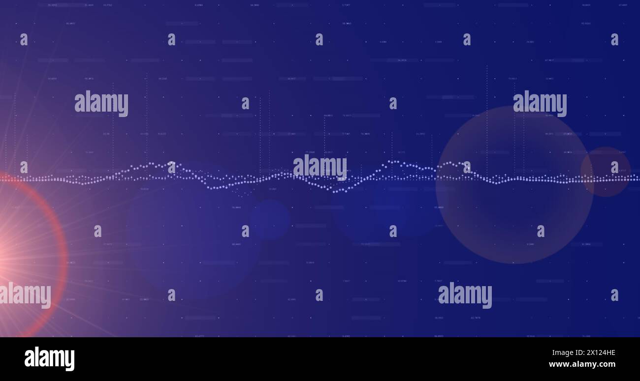 Image of data processing and spots over blue background Stock Photo