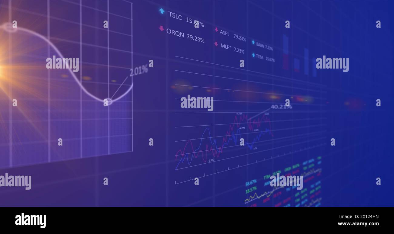 Image of data processing and light spots over blue background Stock Photo