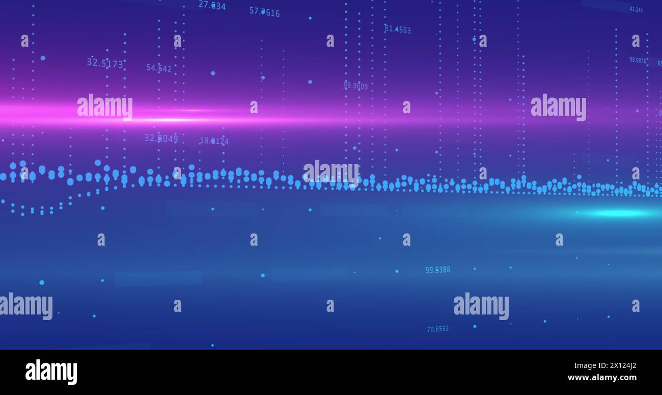 Image of data processing and light spots over blue background Stock Photo