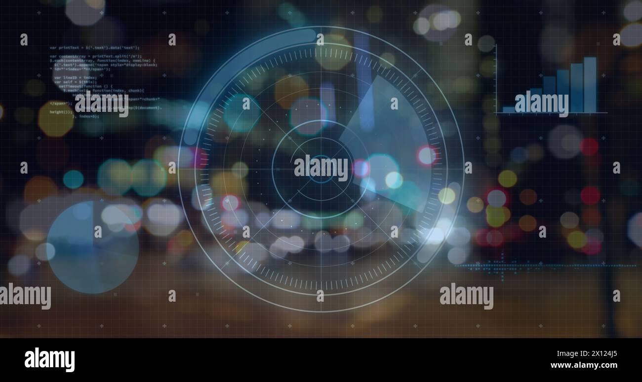 Image of data processing with scope scanning over city lights Stock ...