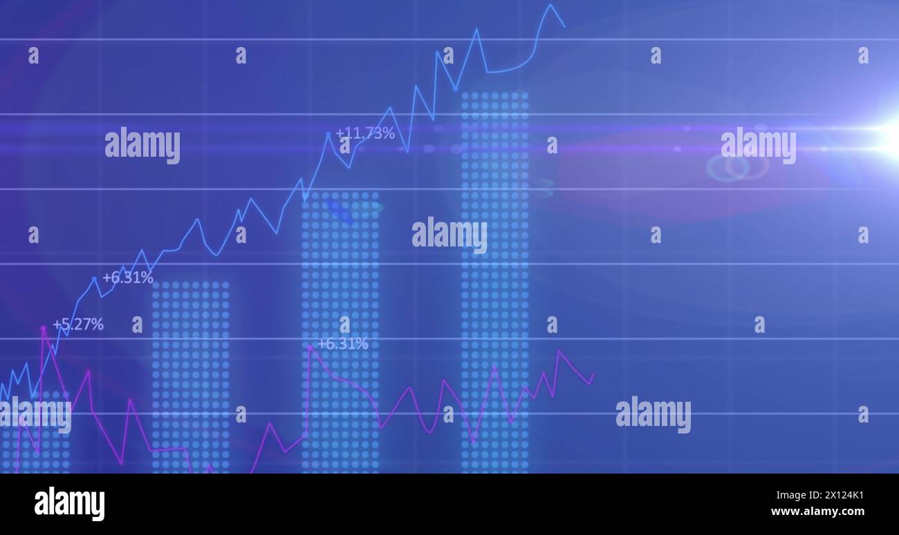 Image of data processing with diagrams and light spots over blue background Stock Photo