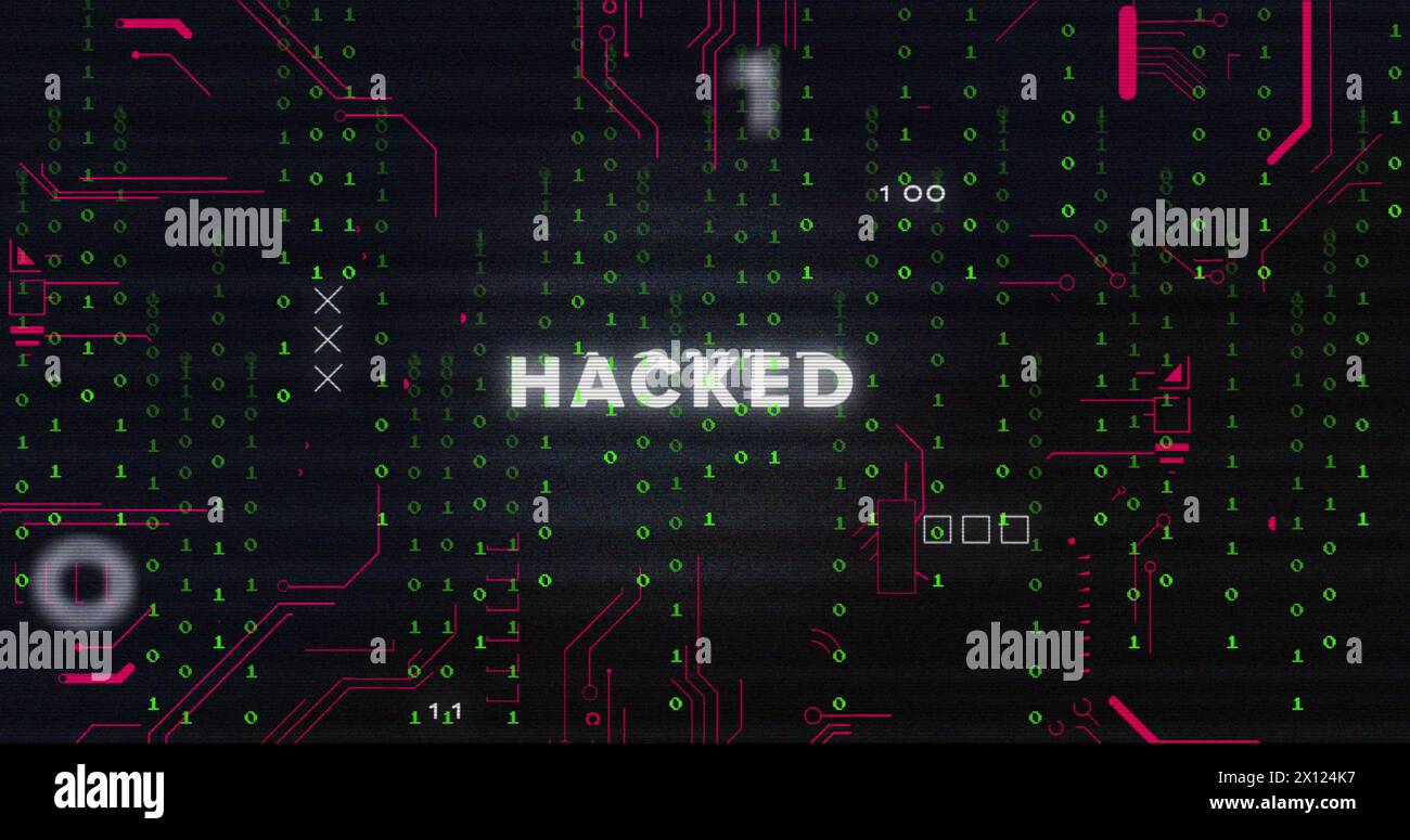 Image of hacked text and binary coding data processing over circuit board Stock Photo