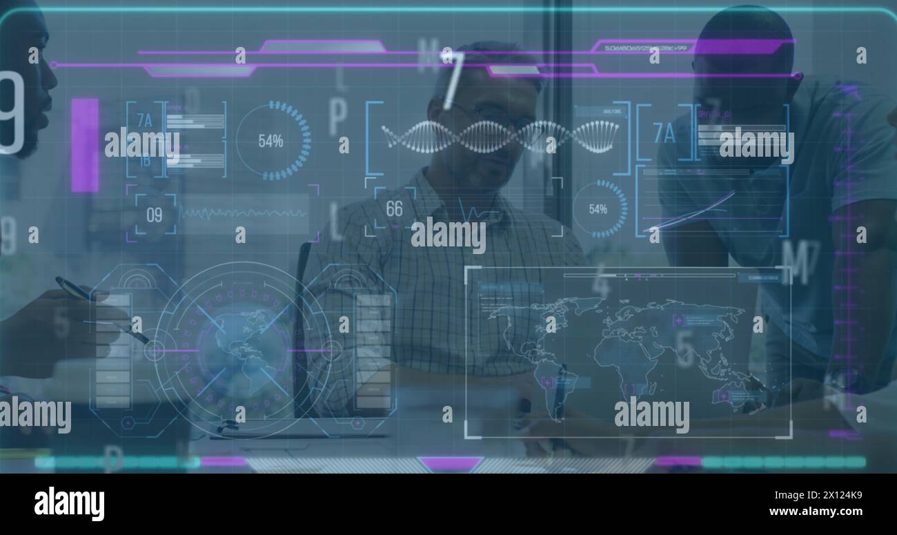 Image of screens with data processing over red body Stock Photo