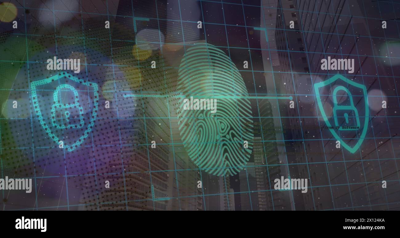 Image of data processing with fingerprint over grid Stock Photo
