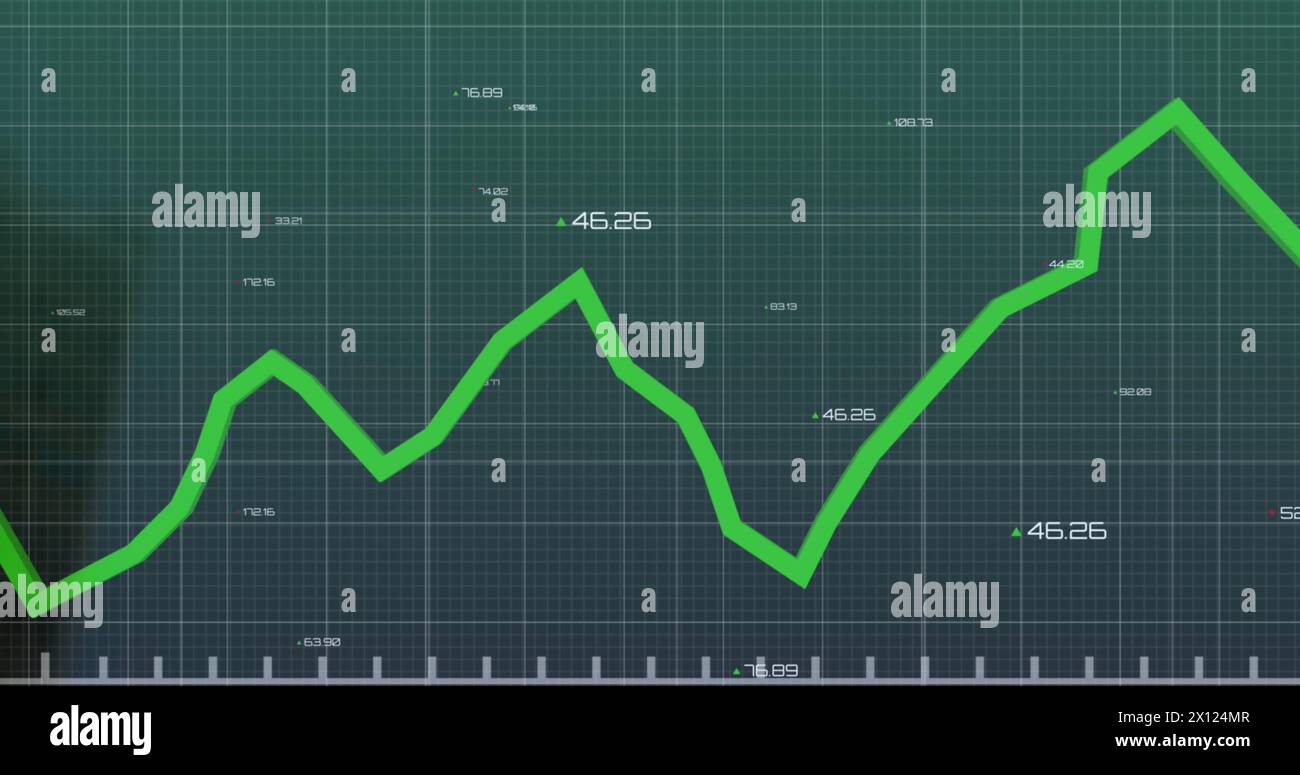Image of green line and financial data processing over grid Stock Photo