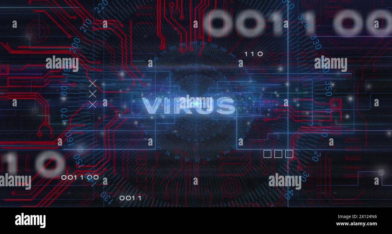 Image of virus text with computer circuit board and data processing on black background Stock Photo