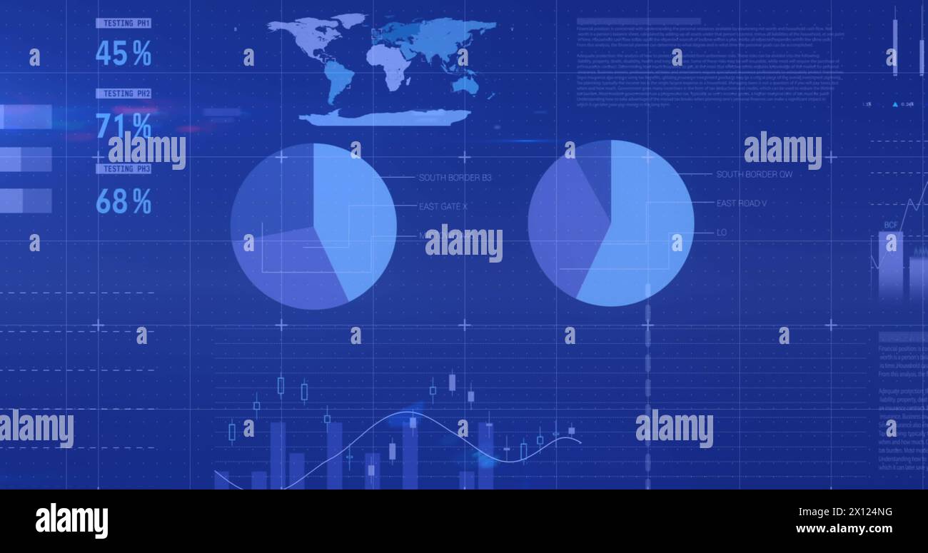 Image of data processing and shapes over blue background Stock Photo