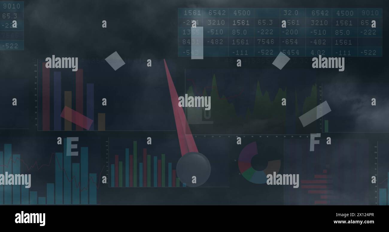 Image of speedometer and statistical data processing against dark clouds in the sky Stock Photo