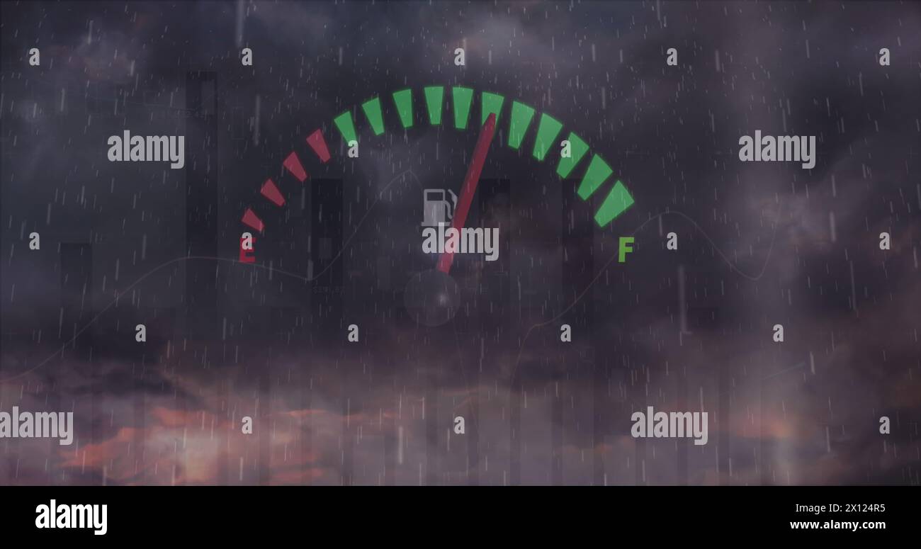 Image of speedometer and statistical data processing against rain and clouds in the sky Stock Photo