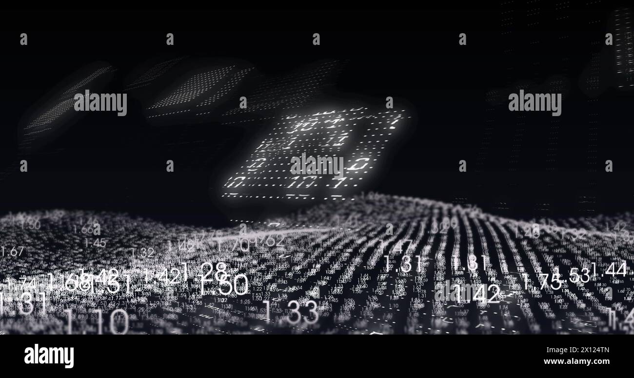 Image of financial data processing and binary coding over black background Stock Photo