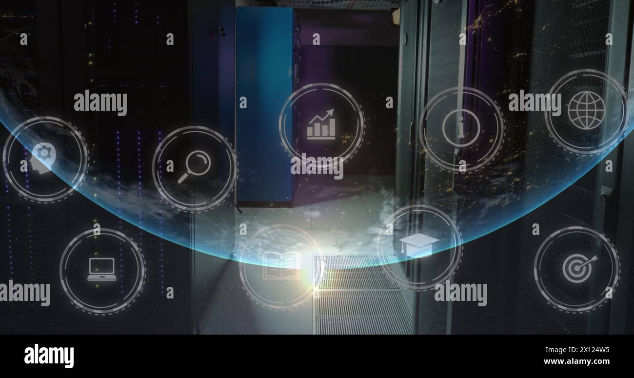 Image of multiple digital icons over globe against computer server room Stock Photo