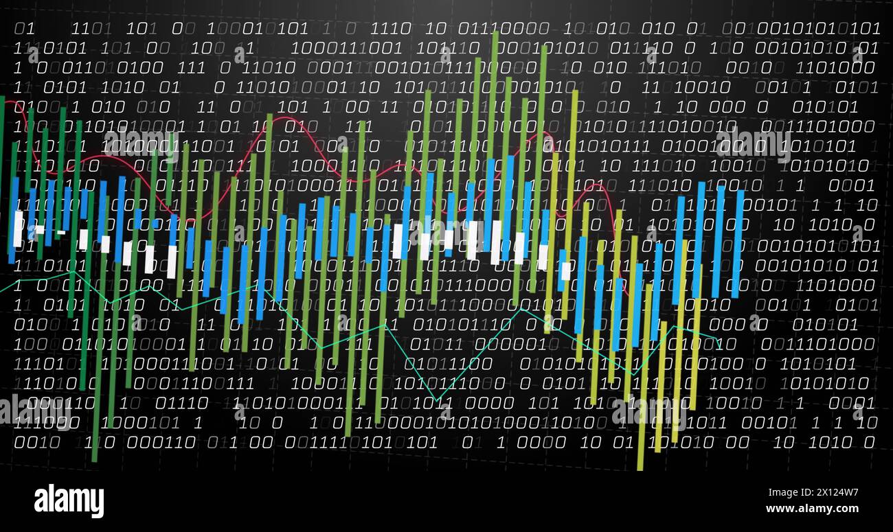 Image of financial data processing and binary coding over black background Stock Photo