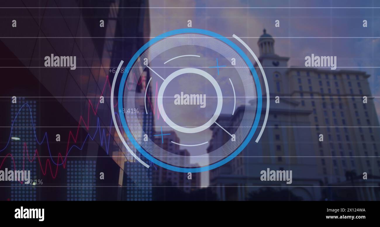 Image of scope scanning and financial data processing over cityscape Stock Photo