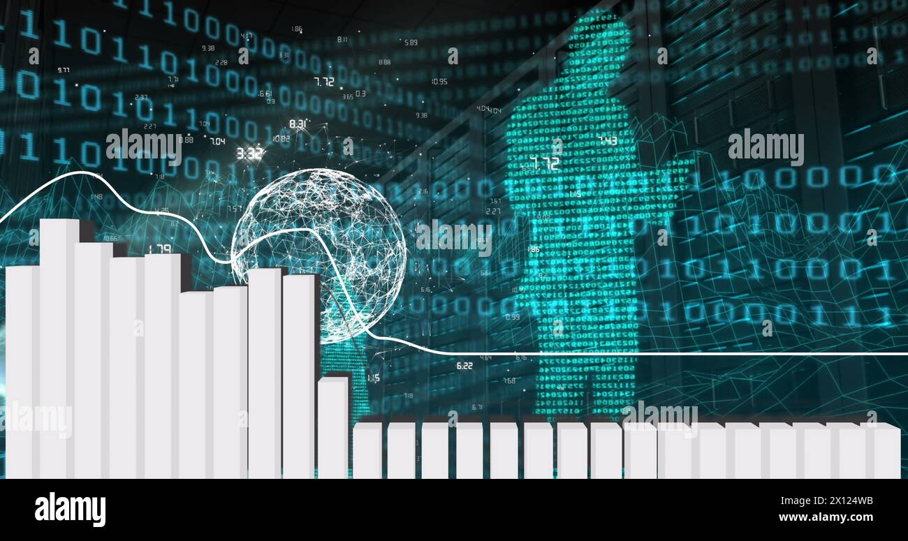 Image of financial data processing and binary coding over black background Stock Photo