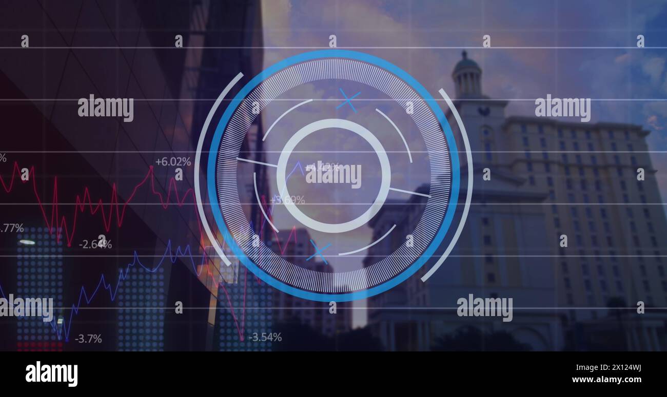Image of scope scanning and financial data processing over cityscape Stock Photo