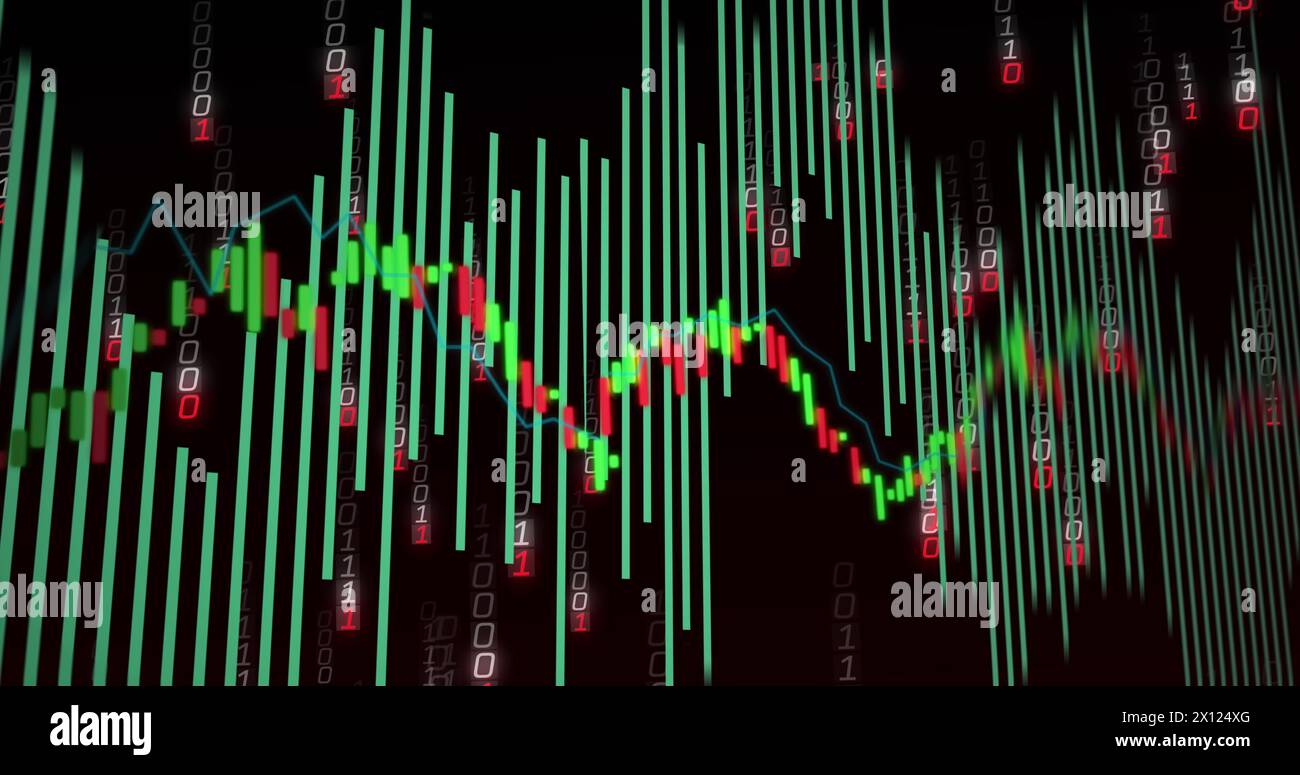 Image of financial data processing and binary coding over black background Stock Photo