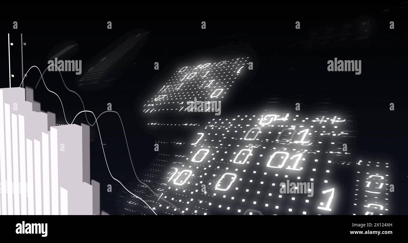 Image of financial data processing and binary coding over black background Stock Photo