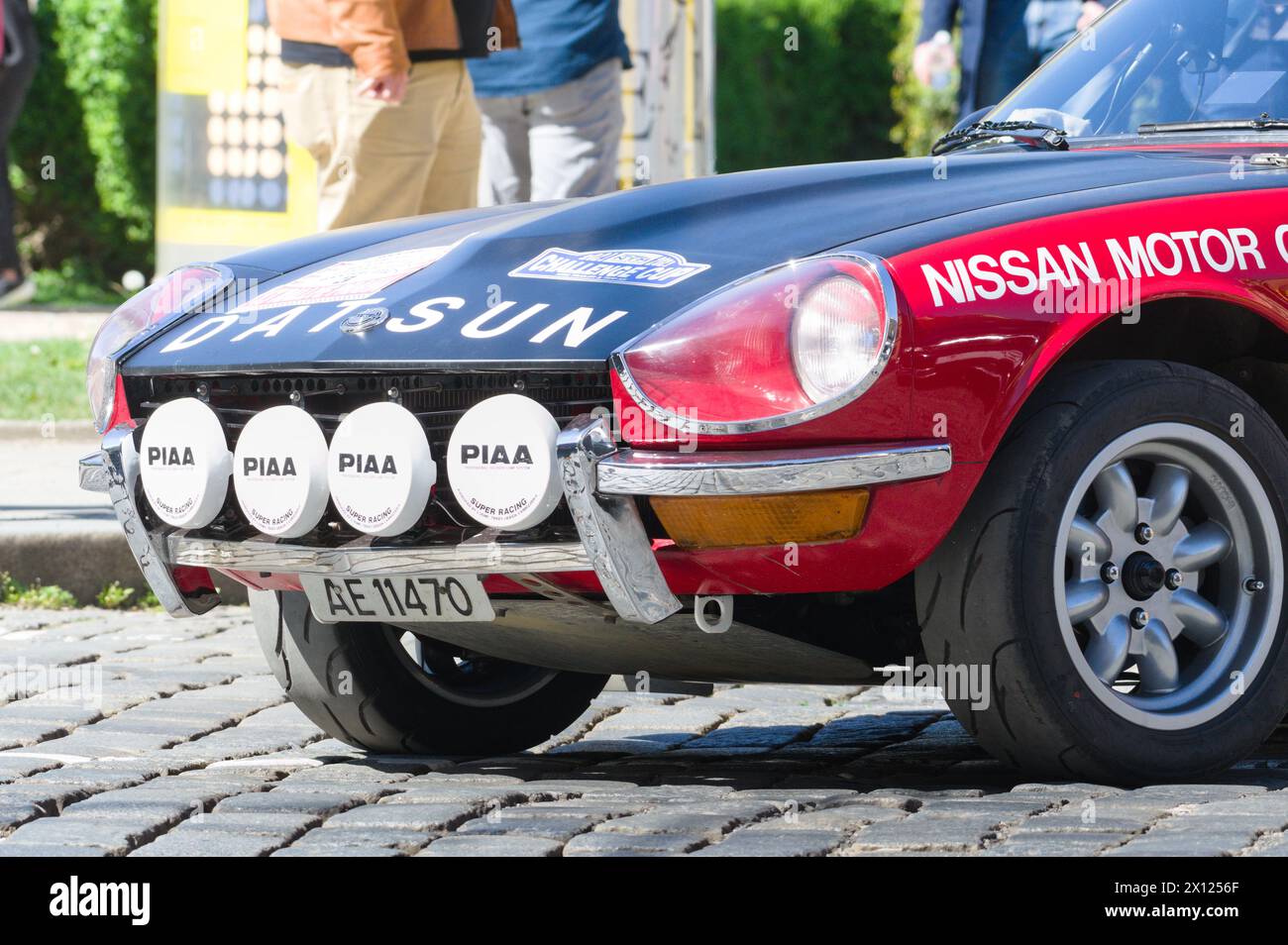 Classic cars rally event in Prague.  Racing vintage car Datsun. Stock Photo