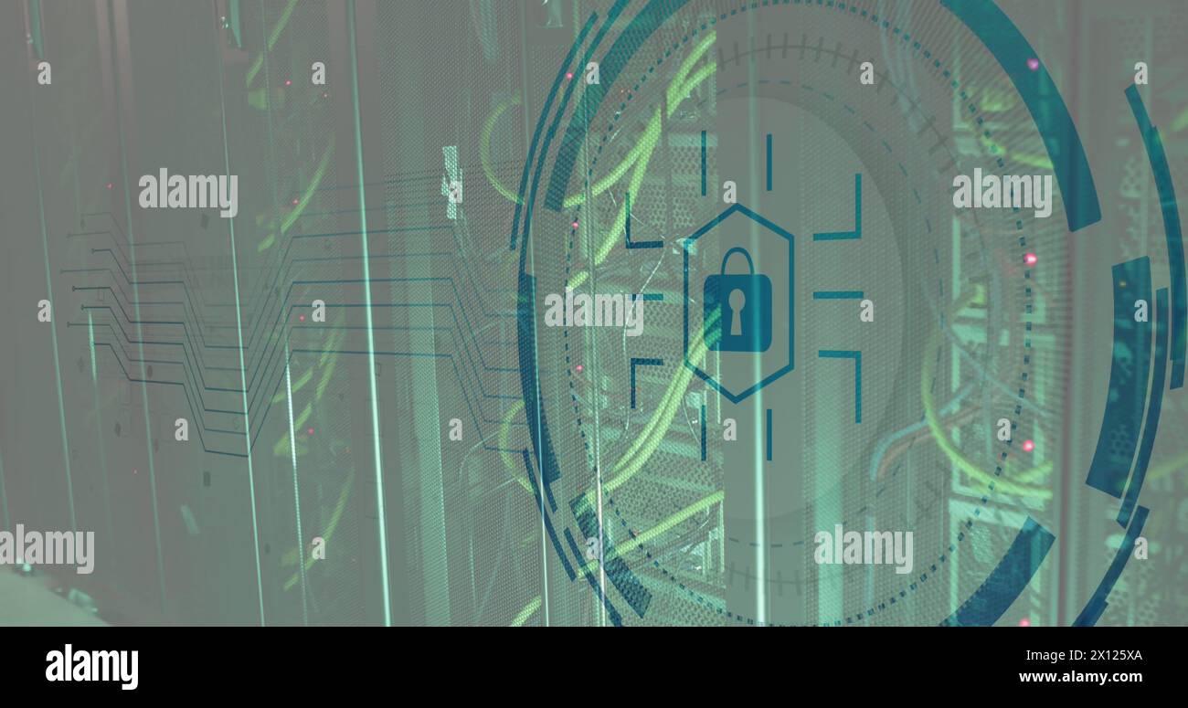 Image of padlock icon in circle over network server systems Stock Photo