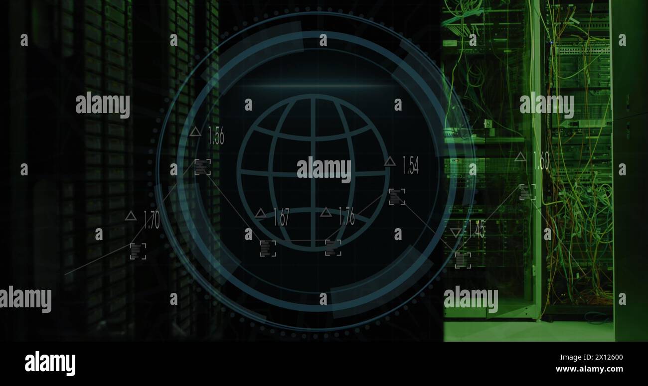 Image of clock and scope scanning over digital brain and data processing on black background Stock Photo