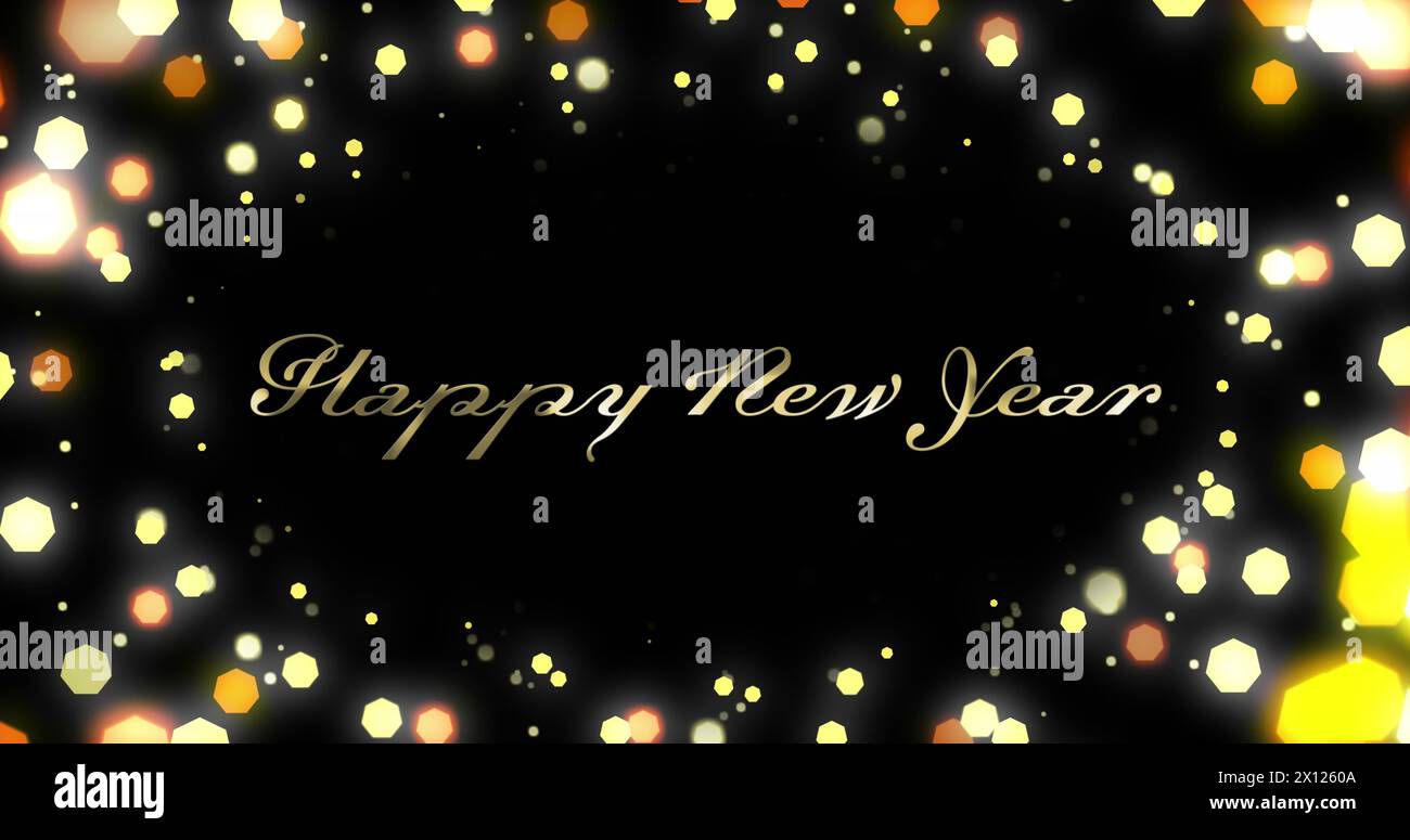 Image of happy new year text over glowing spots of light on black ...